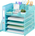 Lavatino 5-Tier Metal Mesh Desk Organizer with File Holder & 7 Customizable Compartments | Paper Letter Tray for Office or Home Desk Storage | Keep Workspace Supplies Neat & Organized, Blue