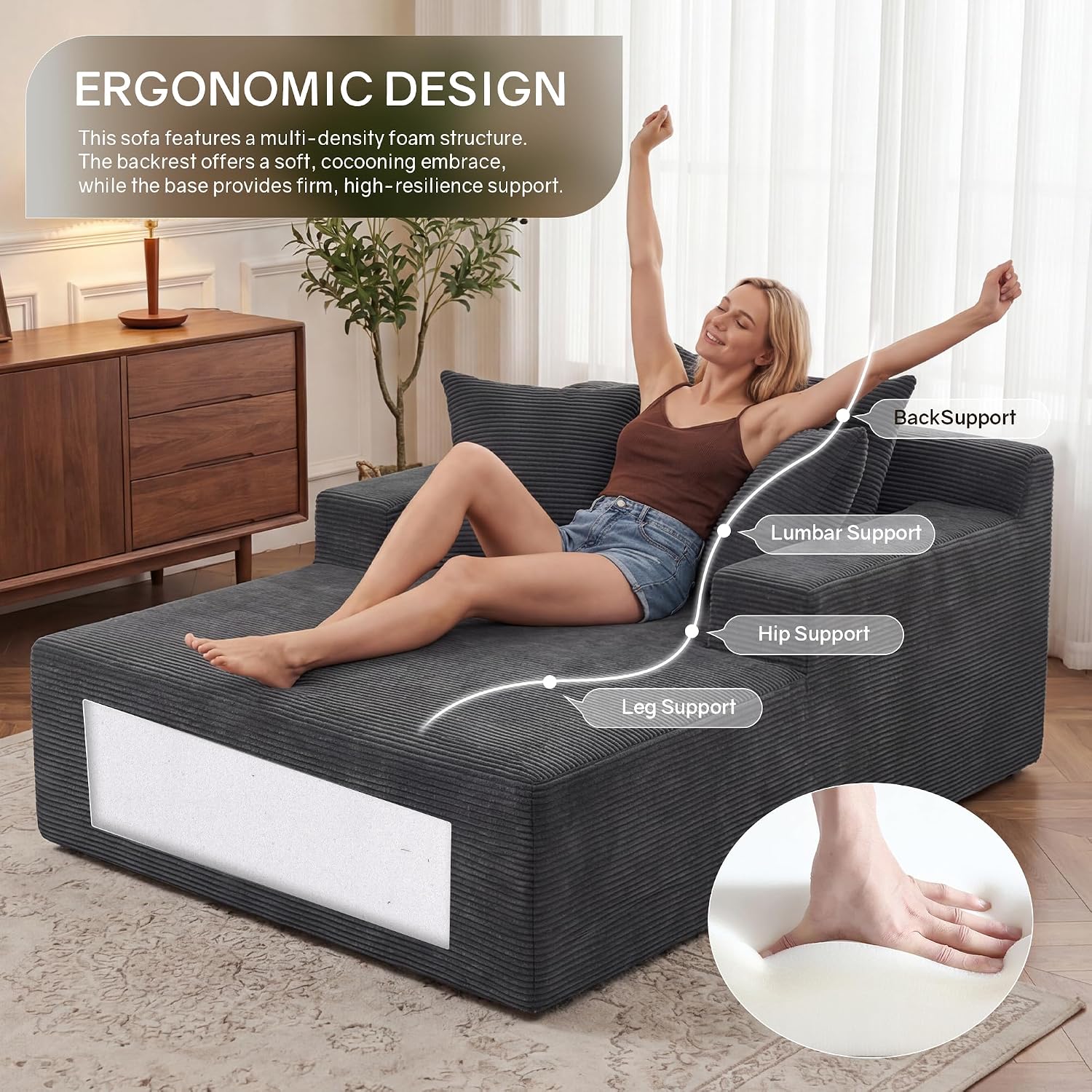 66" Chaise Lounge Chair Indoor, Oversized Boneless Lounge Chair with 3 Pillows, Cloud Reading Chair for Living Room Bedroom, Deep Seat Sleeper Couch, No Assembly Required
