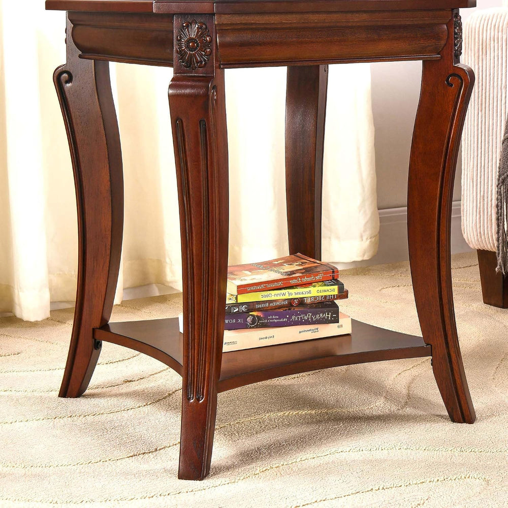PADMA HOUSE Traditional Wood End Table with Glasstop and Curved Legs, Square ...