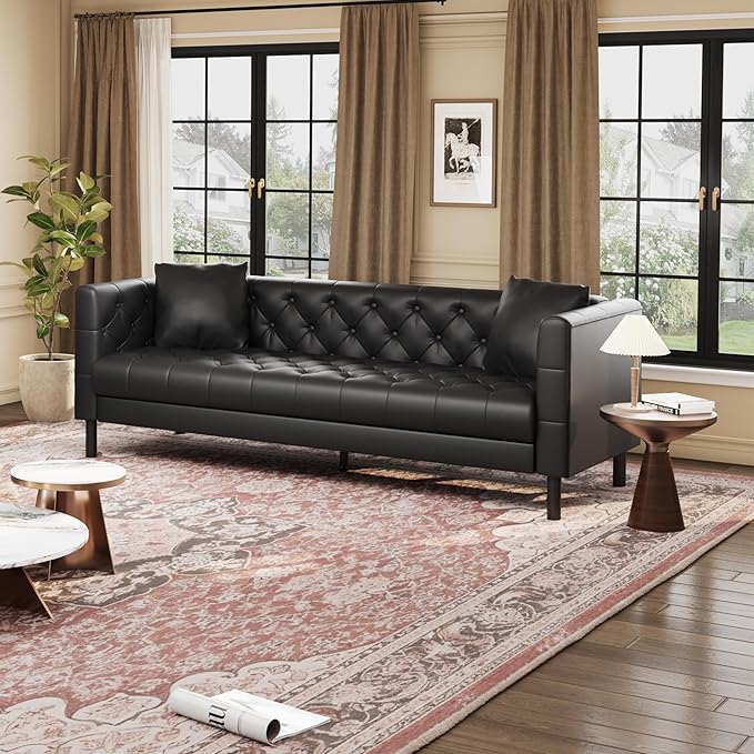 GarveeHome 81 in Leather Couch for Living Room, Modern Leather Sofa with Deep Seat, Handmade Button Tufted 3 Seater Sofa, Chesterfield Couch for Apartment, Office, Black