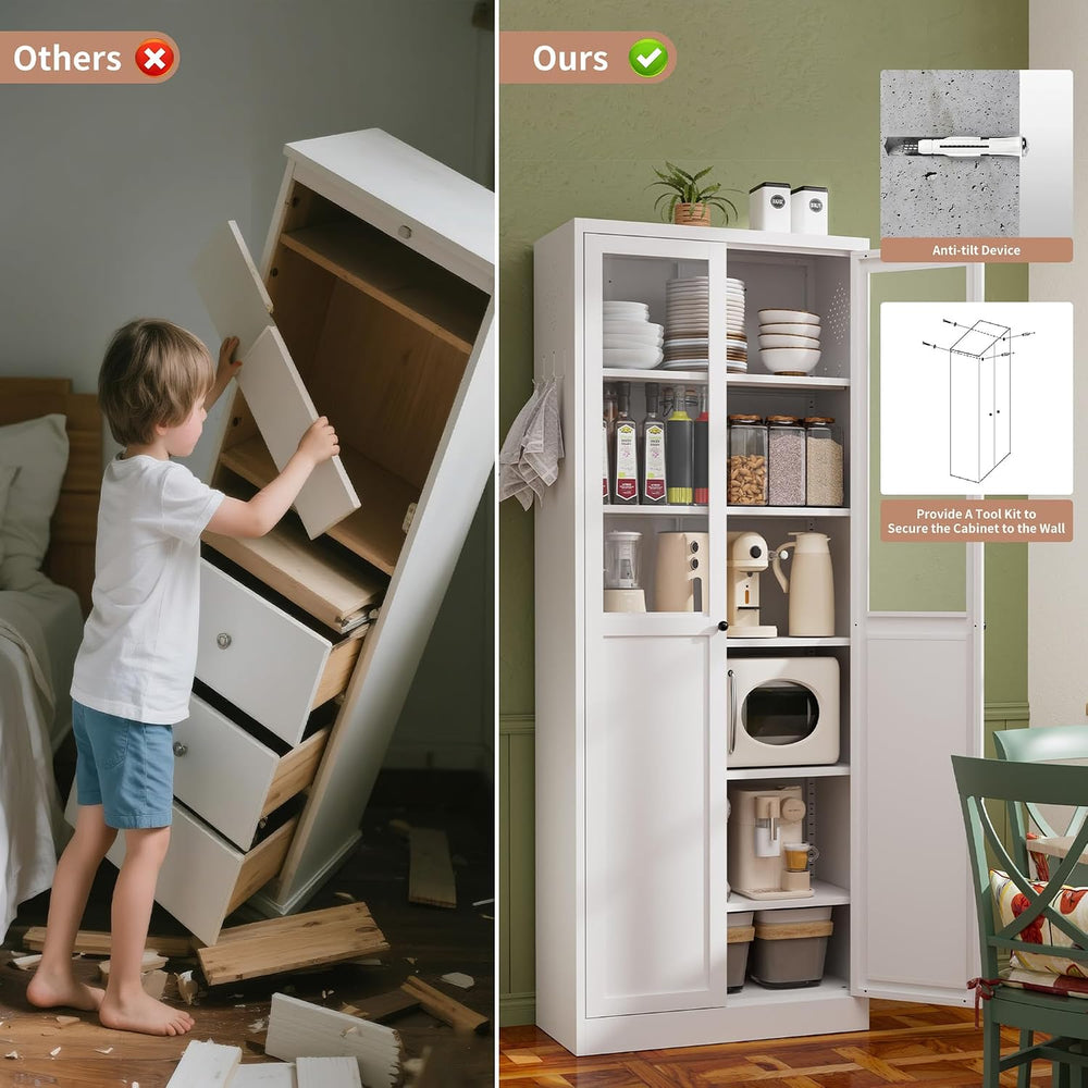 Storage Pantry Buffet Cabinet - 72" White Metal Tall Heavy-Duty Adjustab...