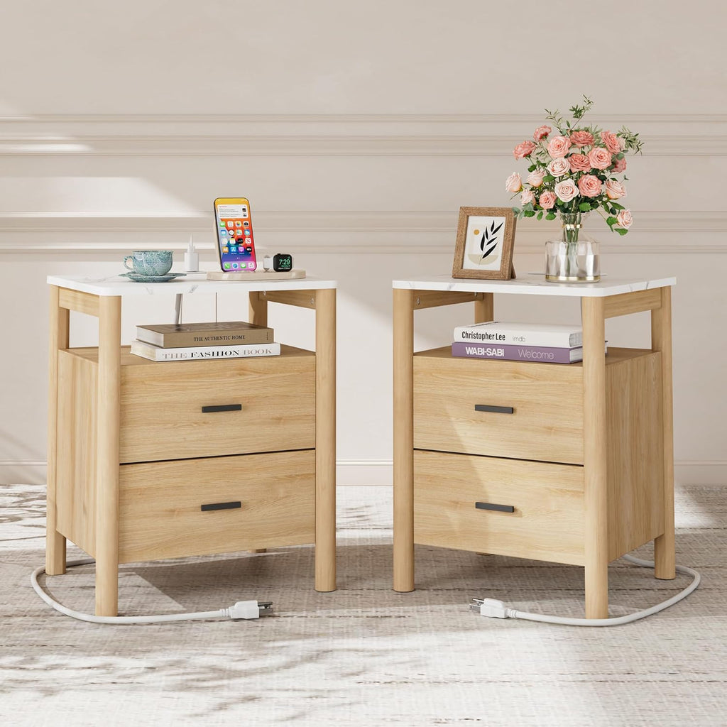 Night Stand Set of 2 with Charging Station, 20" Large Modern Nightstand with Faux Marble Top, 2 Drawers End Table with Solid Round Post Legs&Open Shelf, for Bedroom, Natural Oak