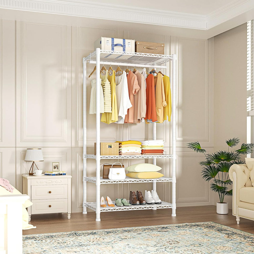 Ulif H2 Heavy-Duty Portable Closets, 4-Tier Freestanding Garment Rack Suit for Small Space and Corner, Closet Organizer System Portable Closet Wardrobe, Max Load 500 LBS, White