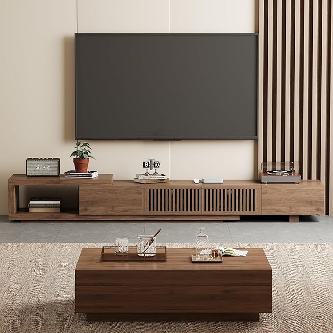 Mid-Century Style TV Stand 94.48", Entertainment Center for TVs up to 70"-90" with 4 Storage Cabinets, Walnut Media Console for Living Room or Bedroom (78.54"-103")