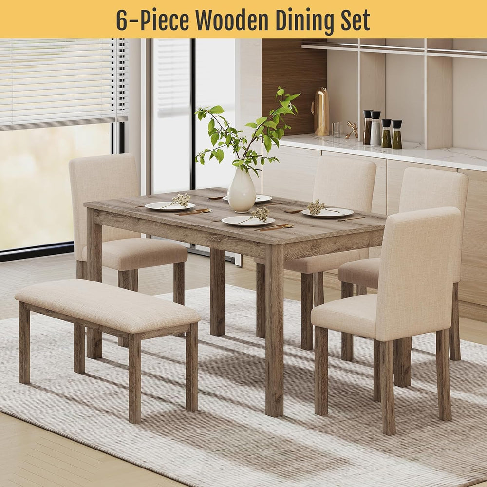 Zevemomo 6-Piece Solid Wood Dining Table Set, Including 1 Dining Table, 4 Uph...