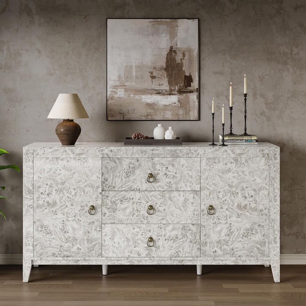 LUXOAK 60'' High Gloss Burl Wood Buffet Sideboard, Storage Cabinet wi...