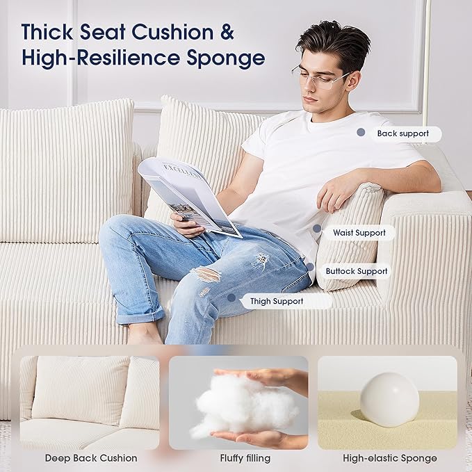 KINGYES Boneless Chaise Lounge Chair for Modular Sectional Sofa, L Shape Corduroy Upholstered Chaise Lounge for Living Room, Beige