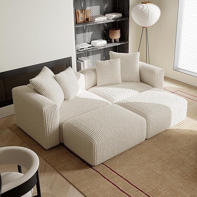 Acanva Corduroy Convertible Modular L Shaped Sectional Sofa, 4 Seater Free Combination Corner Couch, Convertible to DayBed, Wide Loveseat with Moveable Ottomans for Small Spaces, Sleeper Bed, White