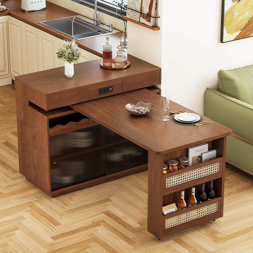 47" Expandable Mobile Kitchen Island with Power Outlet, 180° Sliding Tab...