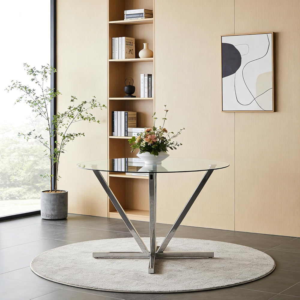 SSLine 45.2" Round Glass Dining Table for 4 Modern Circle Glass Tabletop...