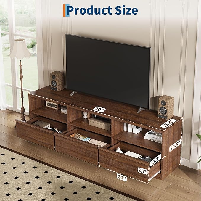 IDEALHOUSE 70 inch TV Stand for 80" TVs, Mid Century Modern Entertainment Center with Storage Drawer & Open Shelves, Wood Media Console Cabinet for Living Room/Bedroom, Vintage
