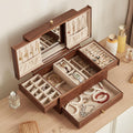 Wooden Jewelry Box for Women, 3 Level Multi-functional Drawers Black Walnut Jewelry Organizer Box, Watch, Necklace, Ring, Earring Storage Gifts(With Mirror B)