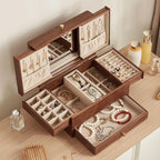 Wooden Jewelry Box for Women, 3 Level Multi-functional Drawers Black Walnut Jewelry Organizer Box, Watch, Necklace, Ring, Earring Storage Gifts(With Mirror B)