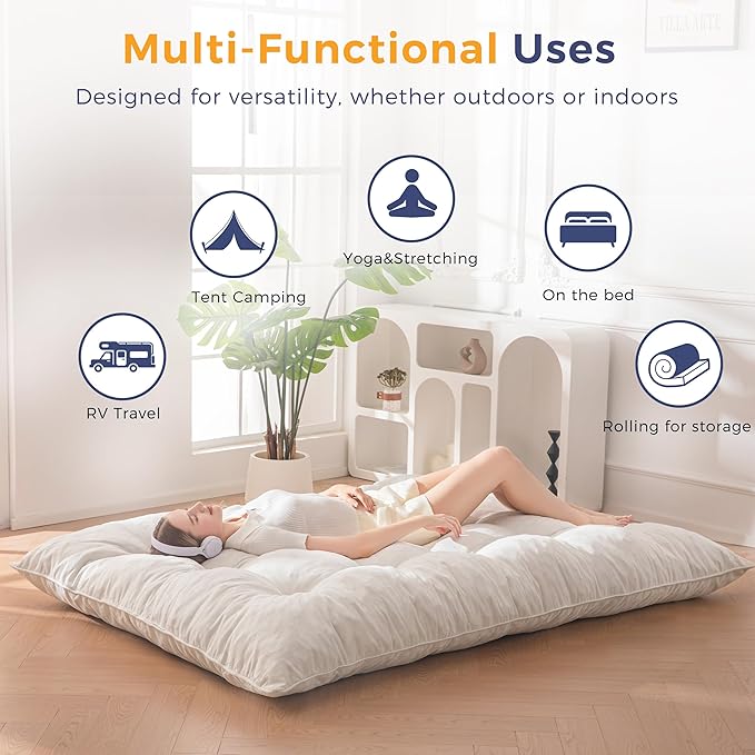 MAXYOYO Japanese Floor Mattress Full Size, 6" Foldable Futon Mattress Tufted Roll Up Floor Bed, Thick Chenille Tatami Mat Sleeping Pad for Camping Guest Room Dormitory Bedroom RV, Beige