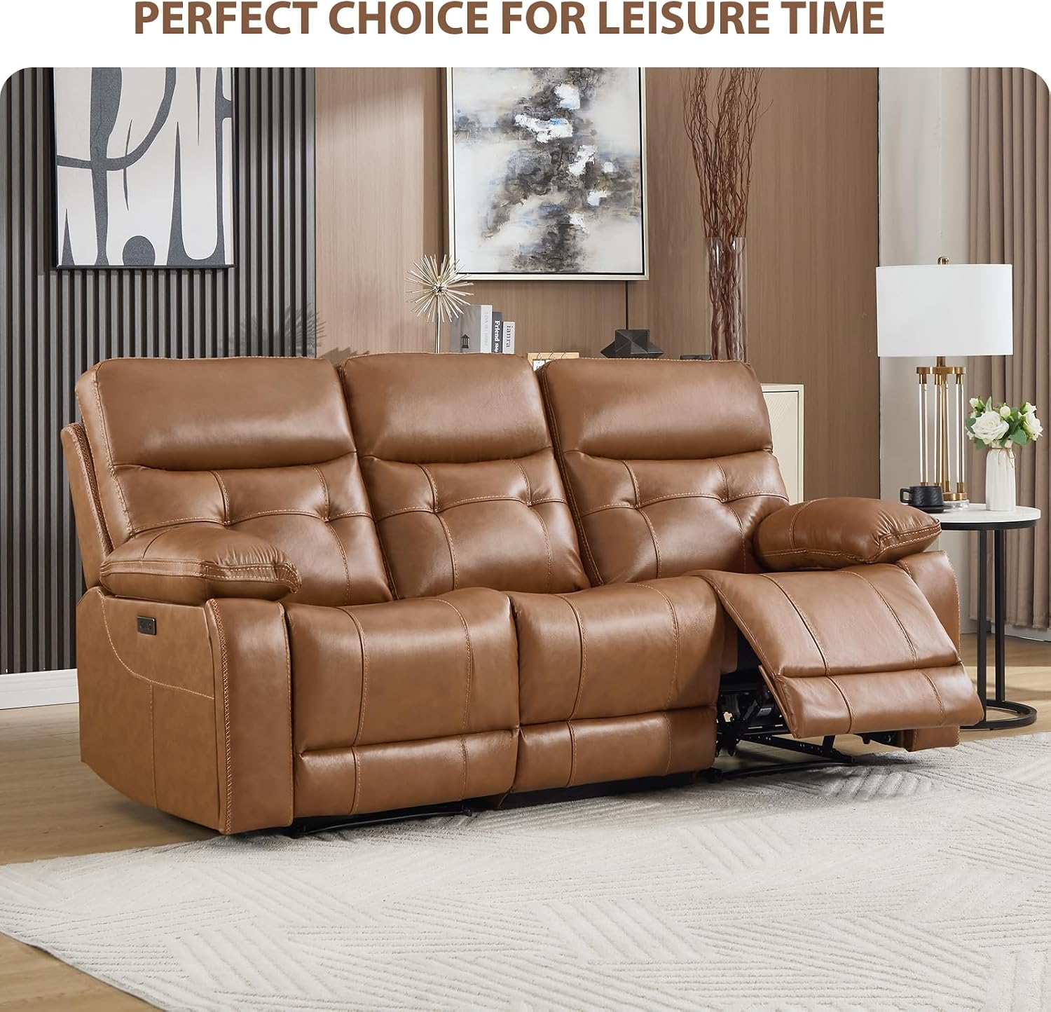 Genuine Leather Power Recliner Sofa,3 Seater Reclining Sofa with Comfortable Arms and Back,Modern Electric Recliner Couch Set with Hidden Cup Holders,USB Port for Living Room,Brown