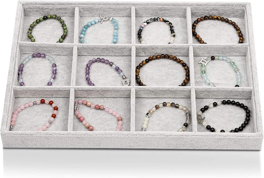 Juvale Velvet Stackable Jewelry Organizer Tray - 12-Grid Bracelet Holder & Ring Organizer - Velvet Jewelry Tray with Soft Compartments - Bracelet Holder Drawer Fits Standard Drawers - 14 x 9.5 In Gray