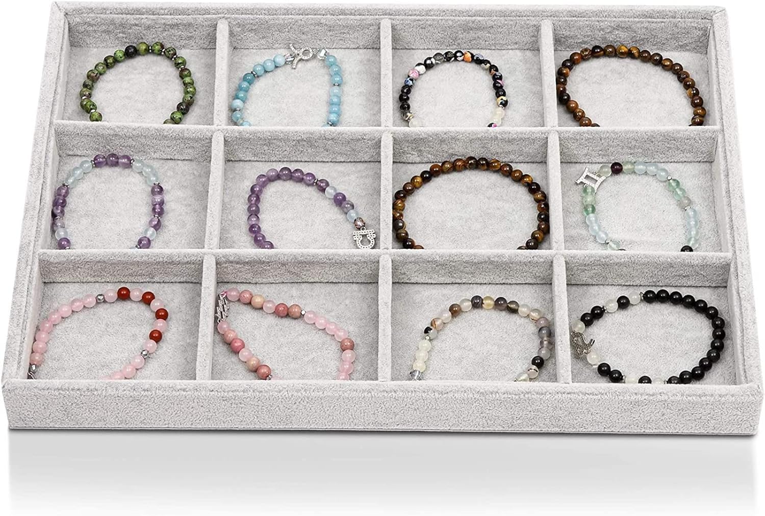 Juvale Velvet Stackable Jewelry Organizer Tray - 12-Grid Bracelet Holder & Ring Organizer - Velvet Jewelry Tray with Soft Compartments - Bracelet Holder Drawer Fits Standard Drawers - 14 x 9.5 In Gray