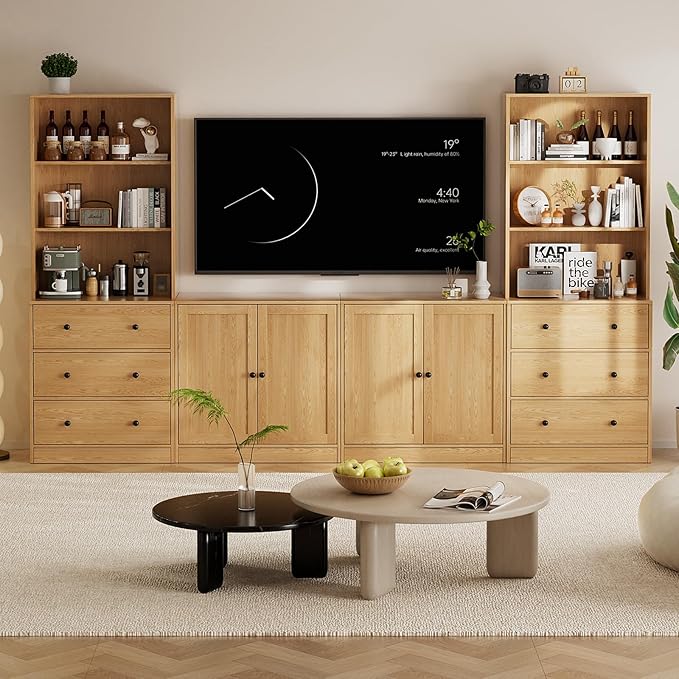 TUSY 71" Large TV Stand Set - TV Entertainment Center for TVs up to 65", Media Center with Tempered Glass Doors and Drawer, TV Hutch with Bookshelves for Living Room (Wood, BCCB)