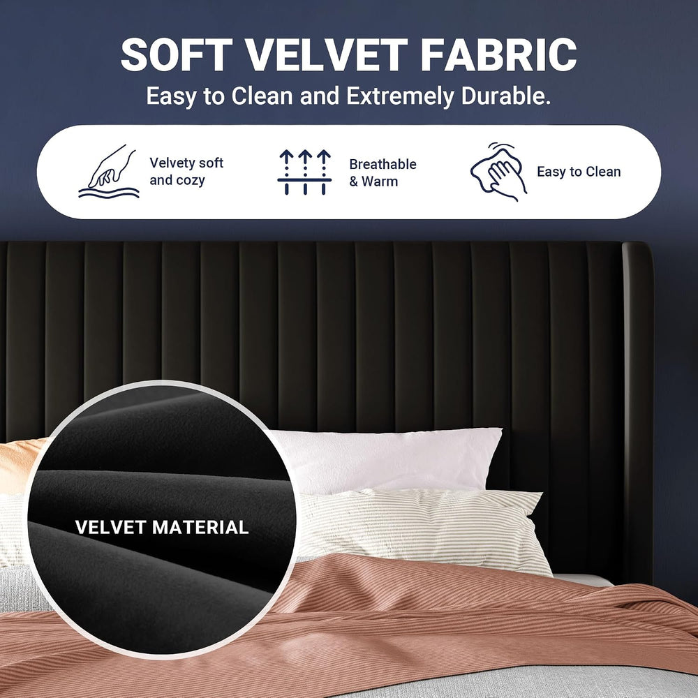 Allewie Queen Size Velvet Bed Frame/Vertical Channel Tufted Wingback Headboar...