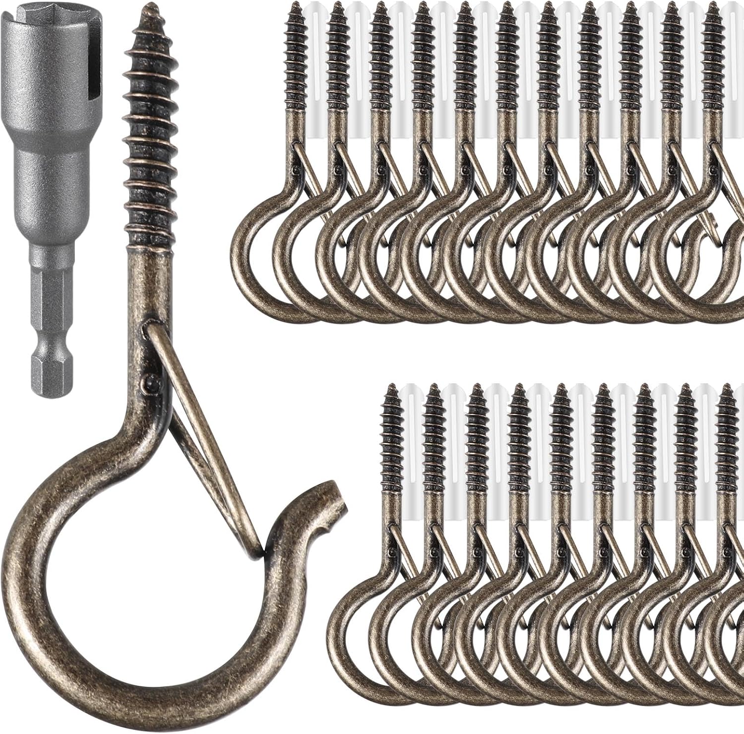 24 PCS Q-Hanger Hooks, Screw Hooks for Outdoor String Lights, Safety Buckle Design Cup Eye Hook for Hanging Christmas Lights, Plants, Mounted on Wall Ceiling, Include 1 Wing Nut Driver, Copper