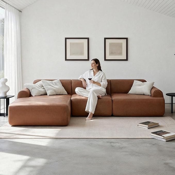 105” Modular Faux Leather Cloud Couch, Deep Seat L-Shaped Sectional with Removable Wipe-Clean Covers and Replaceable Cover Design for Living Room (Orange, 3 Seater+Left Facing Chaise)