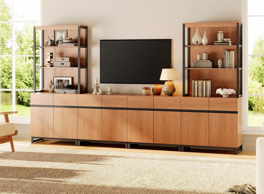 WAMPAT Modern Wall Unit TV Stand with 3 Tiers Bookshelf, Farmhouse Entertainm...