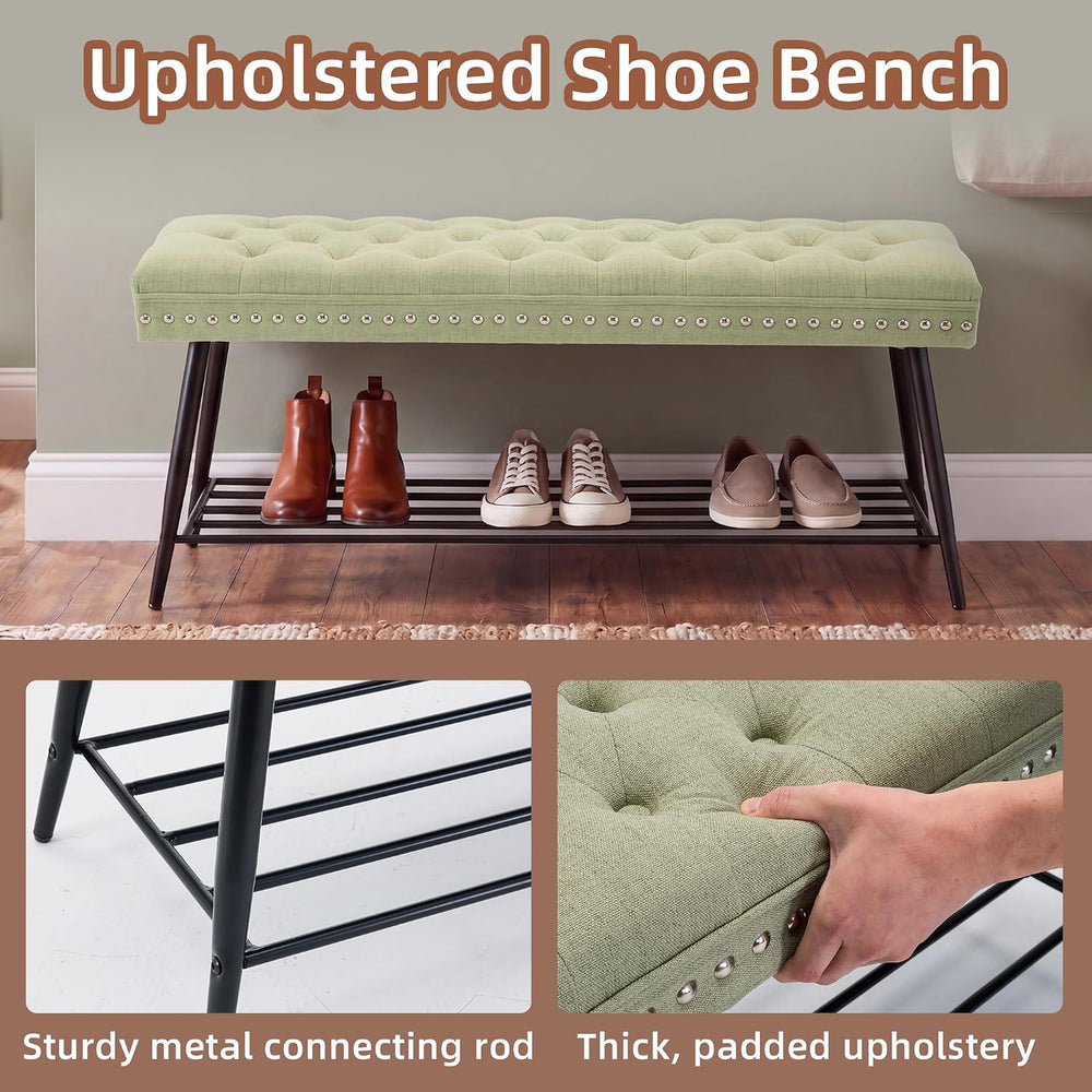 Thick Cushioned Shoe Bench, Entryway Bench with Metal Shoe Rack, Upholstered ...