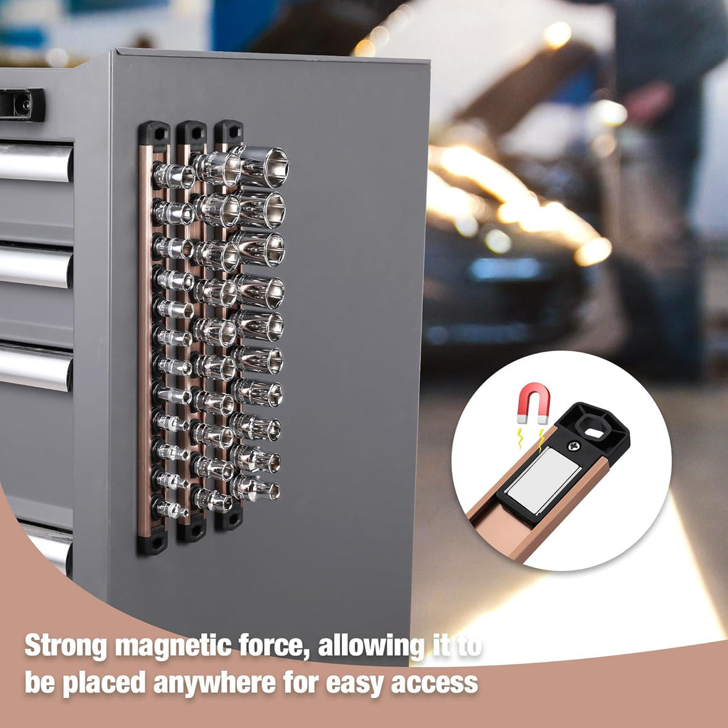 WORKPRO Magnetic Socket Organizer, 1/4-Inch Drive Aluminum Alloy Socket Rail, Heavy Duty Socket Holder, Socket Rack Kit 1/4-Inch x 12 Clips Champagne (Socket not Included)