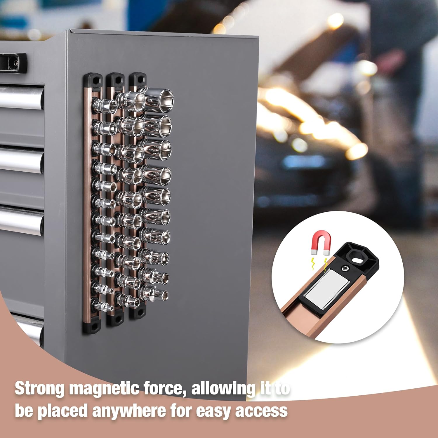 WORKPRO Magnetic Socket Organizer, 1/2-Inch Drive Aluminum Alloy Socket Rail, Heavy Duty Socket Holder, Socket Rack Kit 1/2-Inch x 10 Clips Champagne (Socket not Included)