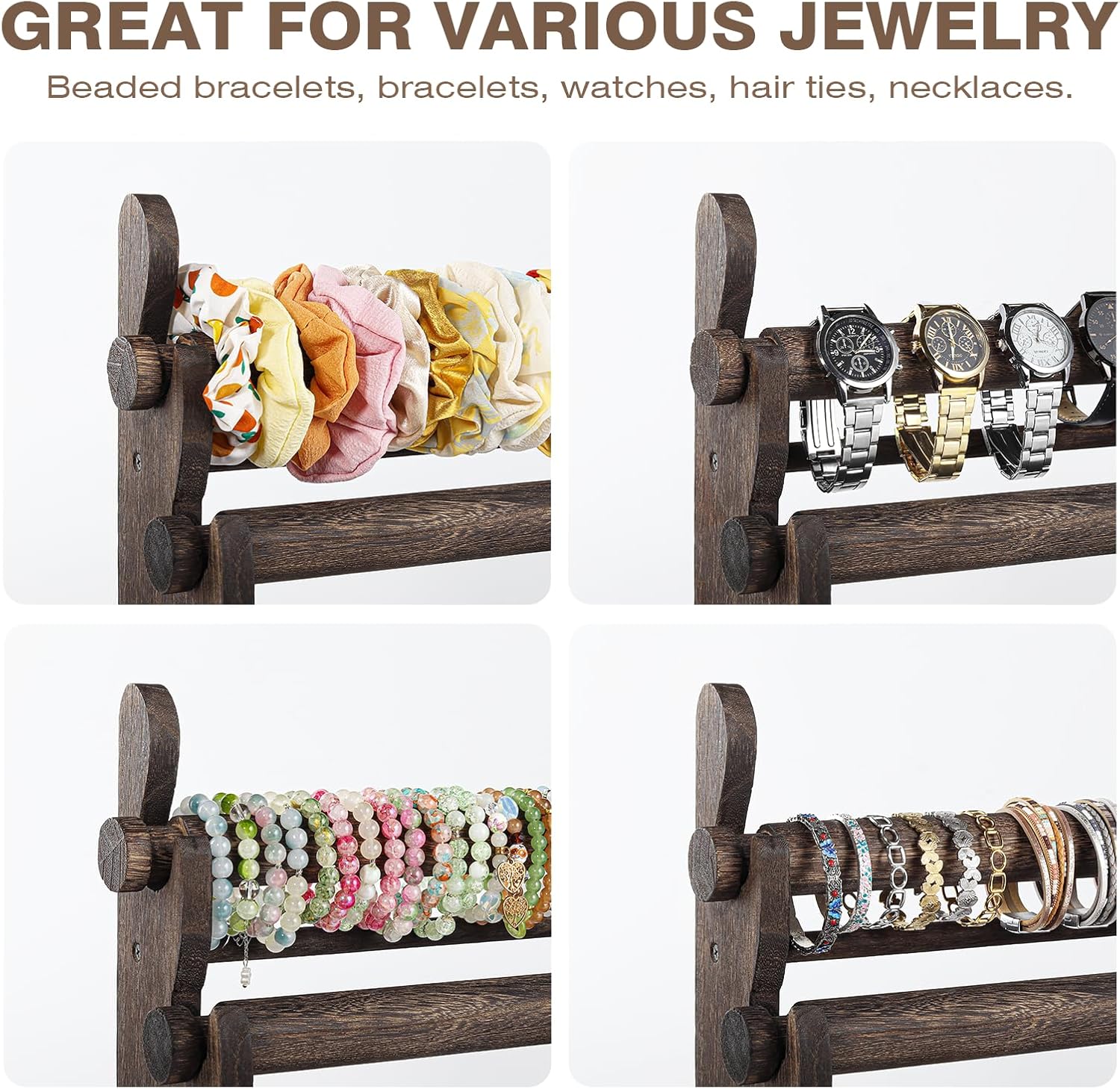 TOPNEW 5 Tier Wooden Bracelet Holder, Scrunchie Bangle Watch Necklace Display Storage Jewelry Holder Stand Display Organizer, Brown