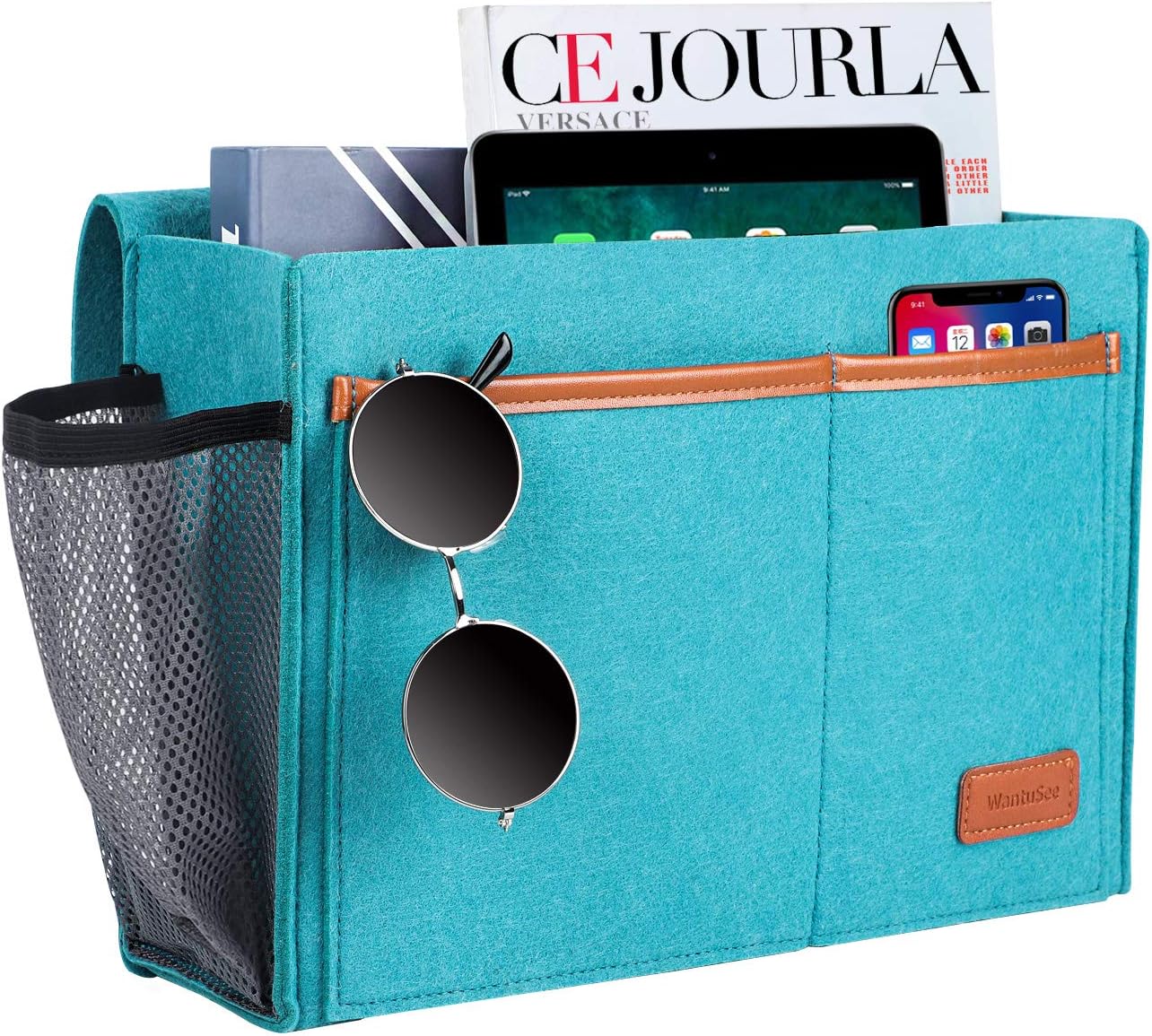 Bedside Caddy, Bed Storage Organizer for Remote Controller, Books, Magzine, Laptop Holder, 12.4'' x 8.6'' inch Bedside Hanging Felt Storage Bag for Dorm Bed with 5 Pockets, Celadon