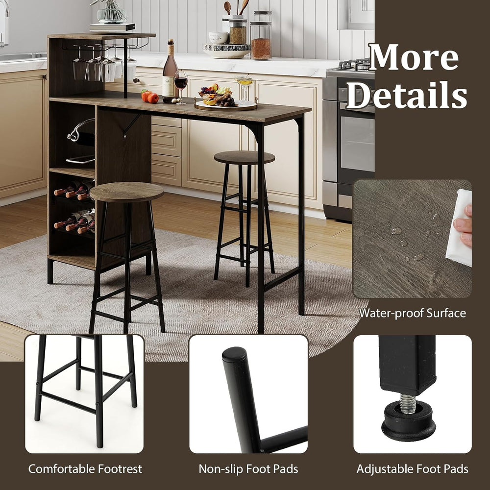 GOFLAME Bar Table Set for 2, Counter Height Dining Table Set with Shelves, Cu...