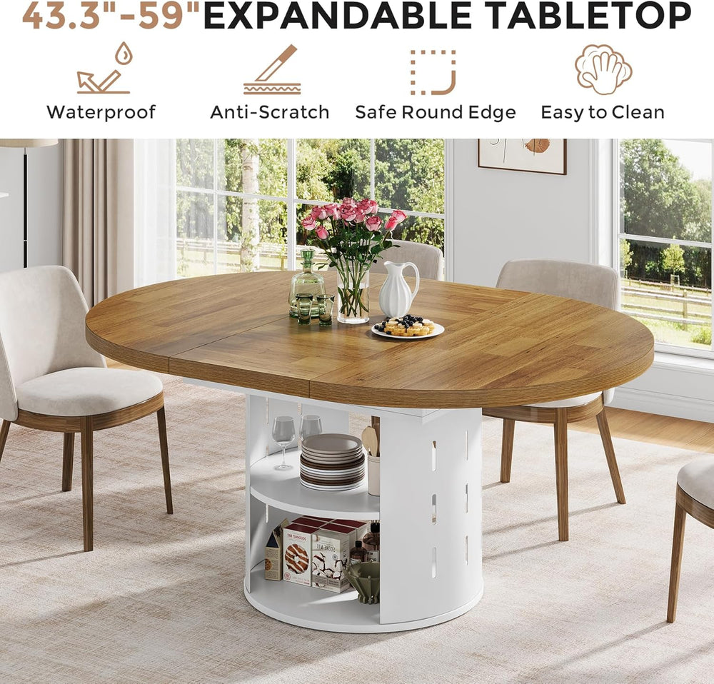 43.3in-59in Extendable Round Dining Table for 4-6, Modern Oval Dining Table w...