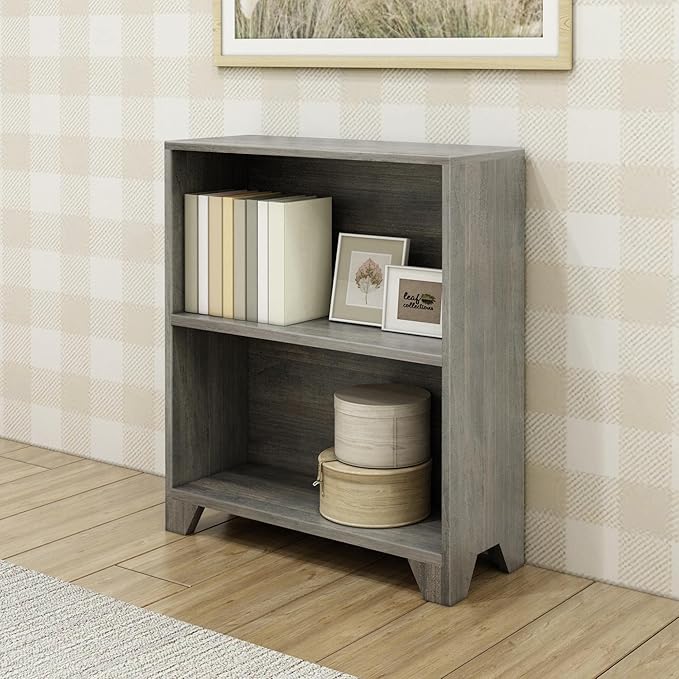 Max & Lily Modern Farmhouse 2-Shelf Bookcase, Solid Wood Bookshelves for Kids Bedroom, Driftwood