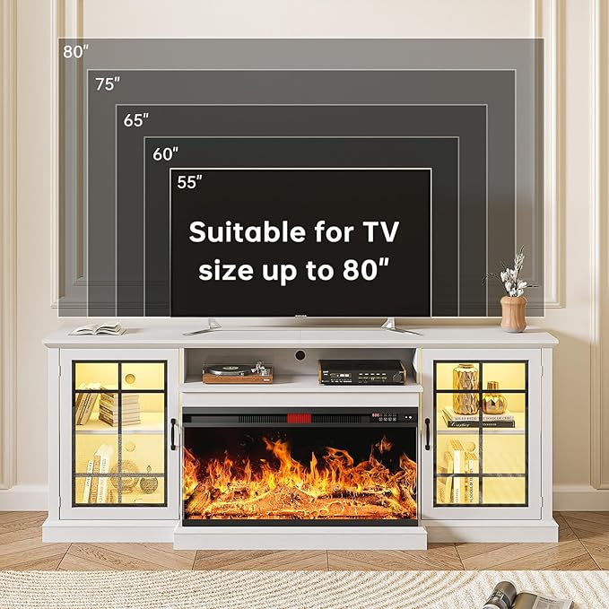 oneinmil 80'' Fireplace TV Stand with 3-Sided Glass, TV Cabinet for TVs up to 85", 80'' Modern Media Entertainment Center with Farmhouse Glass Door Storage Cabinets