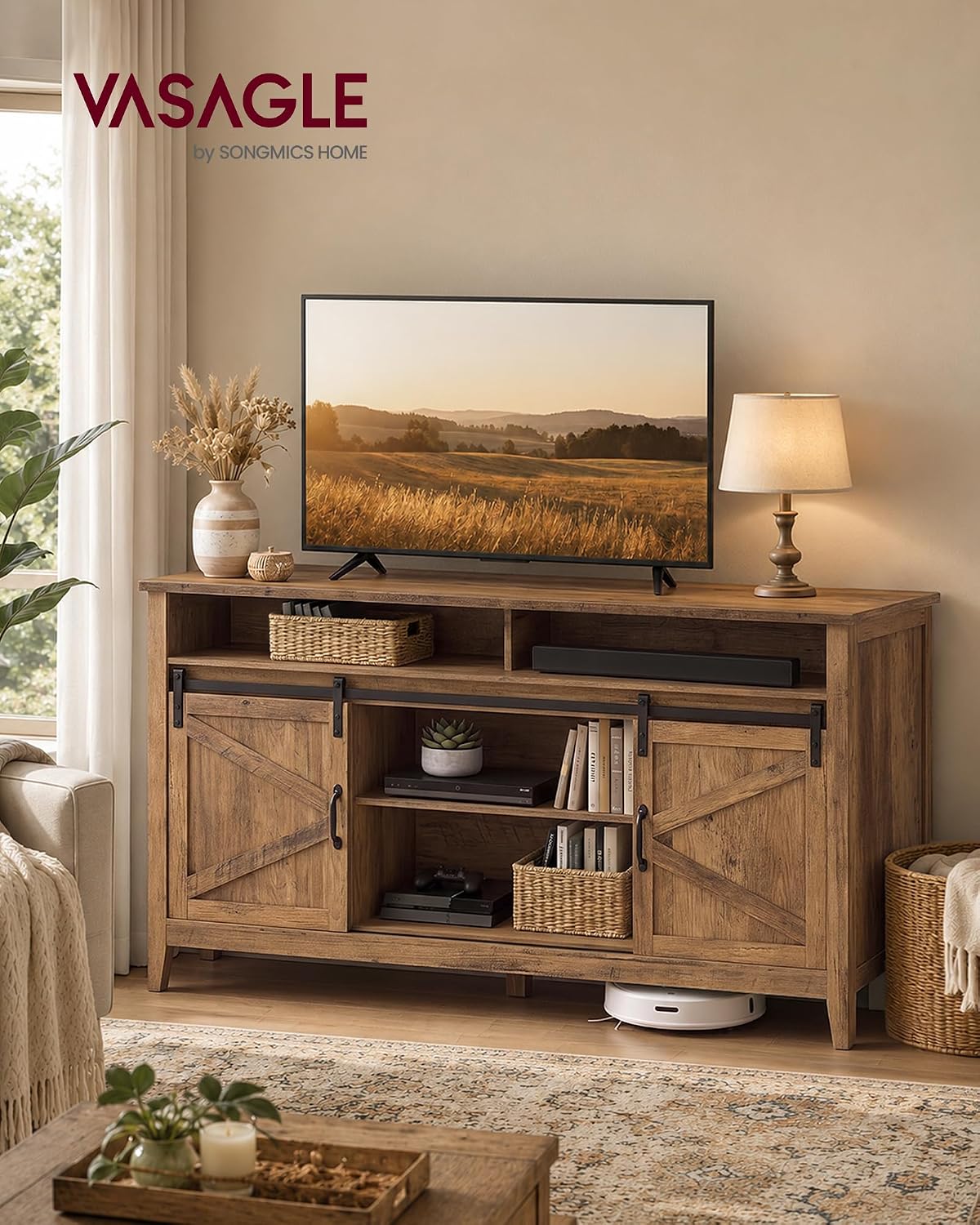 VASAGLE Tall Farmhouse TV Stand, Entertainment Center with Barn Doors, Storage Media Console Cabinet for Living Room, Bedroom, 58.3 x 15.7 x 31.9 Inch, Honey Brown, LIRY Collection ULTV031K101S