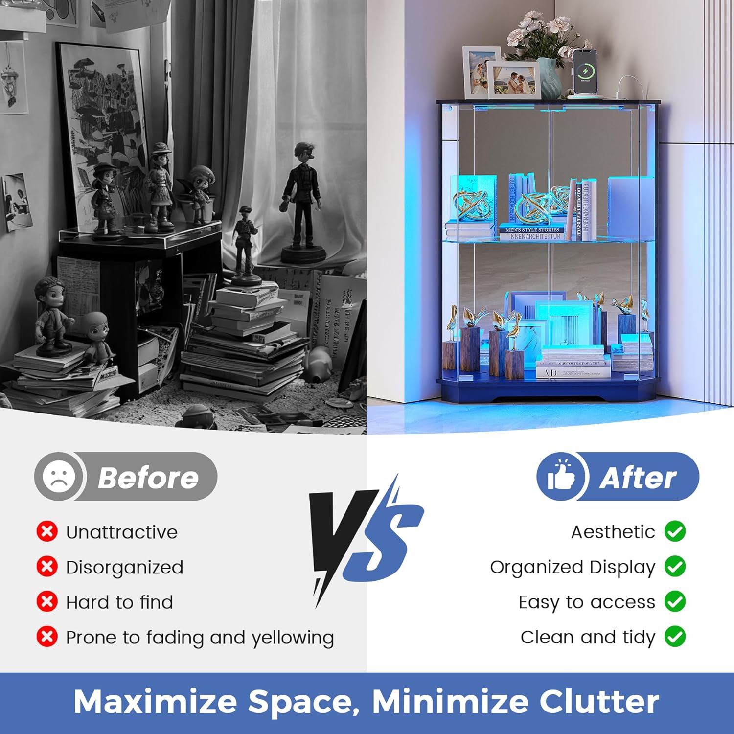 Corner Display Cabinet with Glass Doors, Small Display Case with 3-Color LED Lights and Charging Station, 2-Tier Curio Cabinet with Storage and Shelf, Black