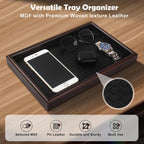 Wooden Valet Tray with Leather Base - Nightstand Catchall Organizer for Cologne, Perfume, Keys, Wallet, Phone, Watch, Jewelry & Sunglasses (Black)