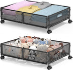 Under Bed Storage with Wheels, Rolling Under Bed Storage Storage Bins for Shoes Clothes, Foldable and Easy Mobility (2 Pack, Black)