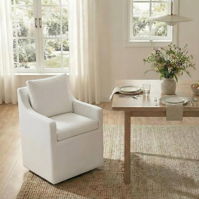 Upholstered Dining Chairs Set of 1, Modern Dining Room Chairs with Casters & Washable Cover, Rolling Accent Chair with Hidden Storage for Kitchen, Farmhouse, Living Room, White, 1 Box