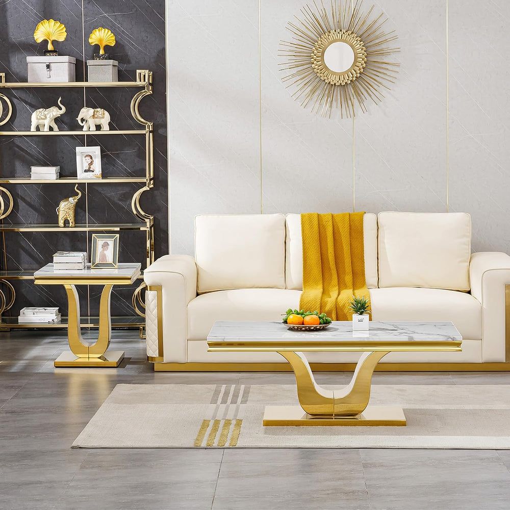 Luxury Marble Coffee Table Set of 2, Modern Coffee Table with Sofa Side Table...