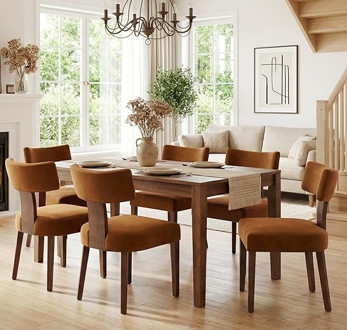 Mid Century Modern Dining Chairs Set of 6, Upholstered Wooden Dining Room Chairs, Farmhouse Kitchen Chairs, Accent Armless Side Chairs with Curved Back for Living Room, Brown Velvet, 6PCS