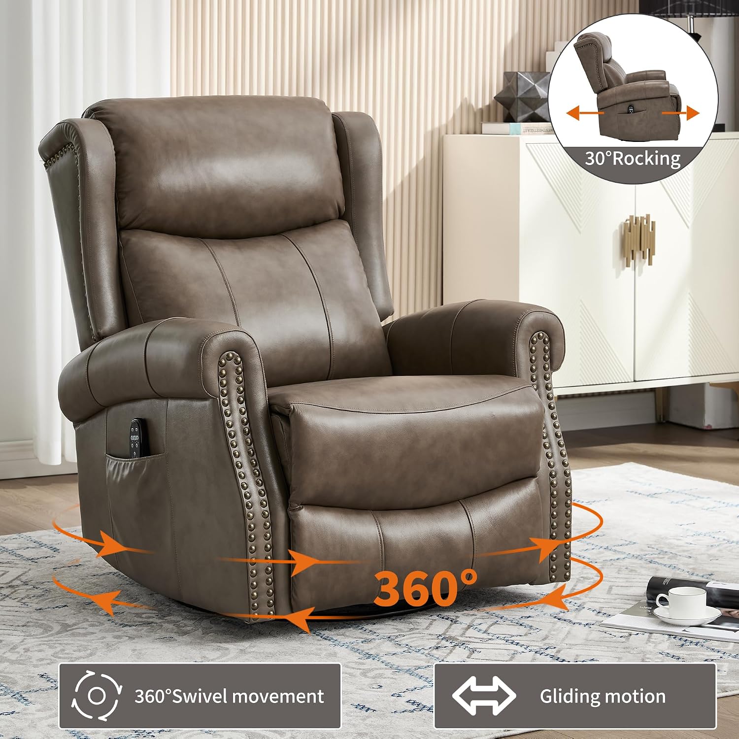 Genuine Leather Recliner Chair for Adults, Manual Swivel Rocker Glider Rocking Chair with Vibration Massage Lumbar Heat for Nursery, Rivet Design Single Sofa Chair for Living Room - Gray Brown