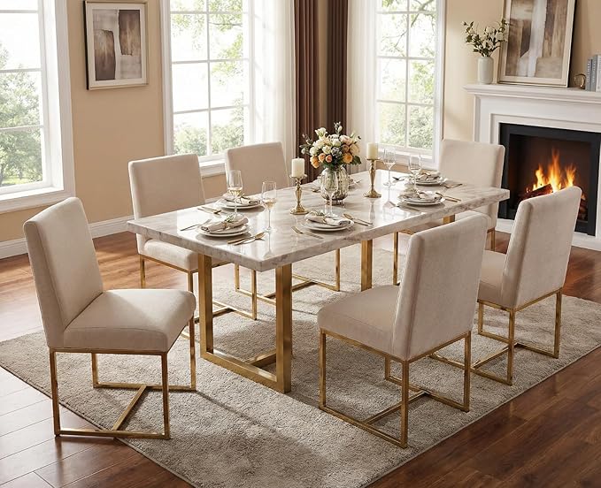 CIMOTA Modern Dining Chairs Set of 2, Upholstered Dining Room Chairs Armless Guest Side Chair with Gold Base for Dining Room/Kitchen, Beige, 2PCS