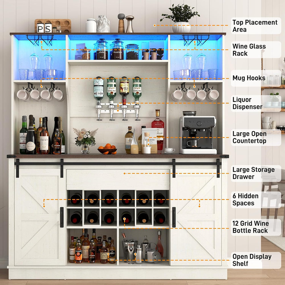 Farmhouse Coffee Bar Cabinet with LED Light, Charging Station & Sliding B...
