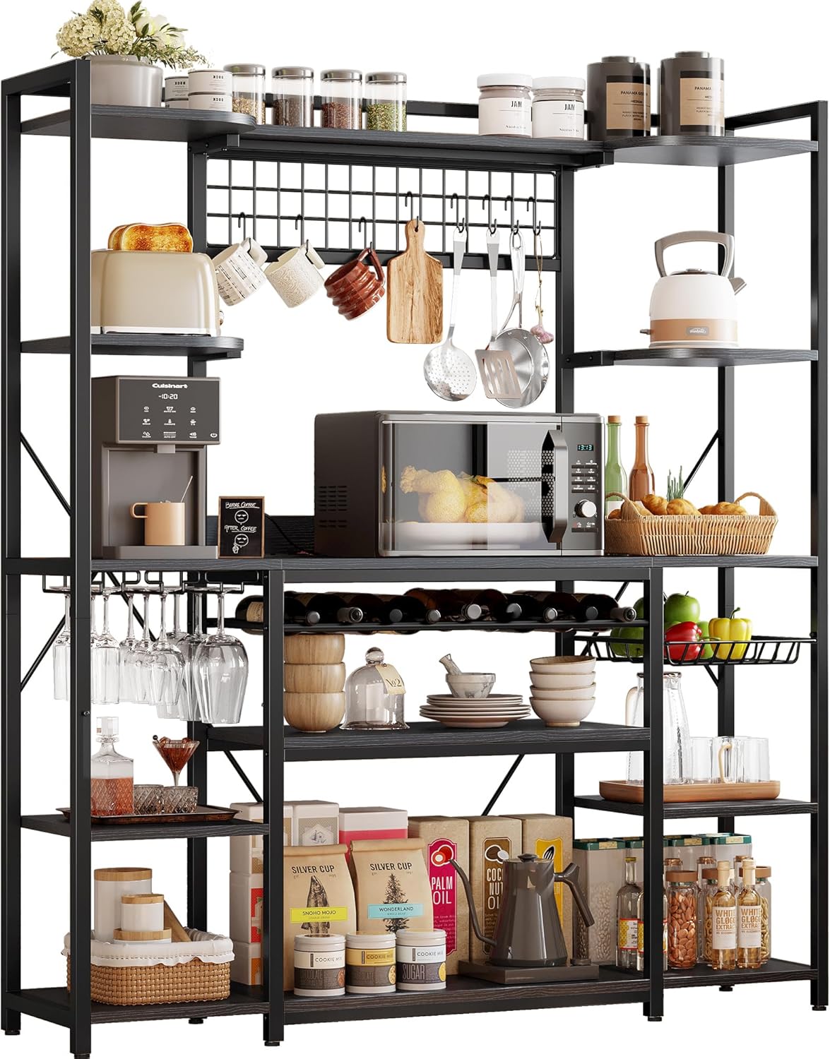 IRONCK Large Bakers Rack with Power Outlet, 62 Inch Wide Microwave Stand, Coffee Bar with Storage, Kitchen Racks and Shelves, Vintage Black