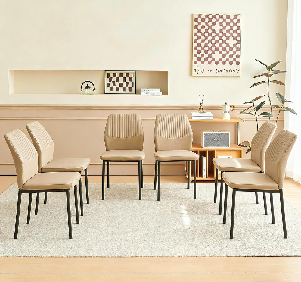 Dining Chairs Set of 6, Beige PU Leather Dining Chairs, Comfortable Upholster...
