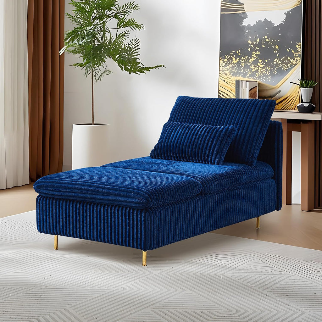 Chaise Lounge Chair Indoor 62.6" Upholstered Recliner Sofa Blue | Corduroy Modern Sofas with Support Pillow, Golden Metal Legs Sleeper Sofa for Bedroom, Living Room, Office