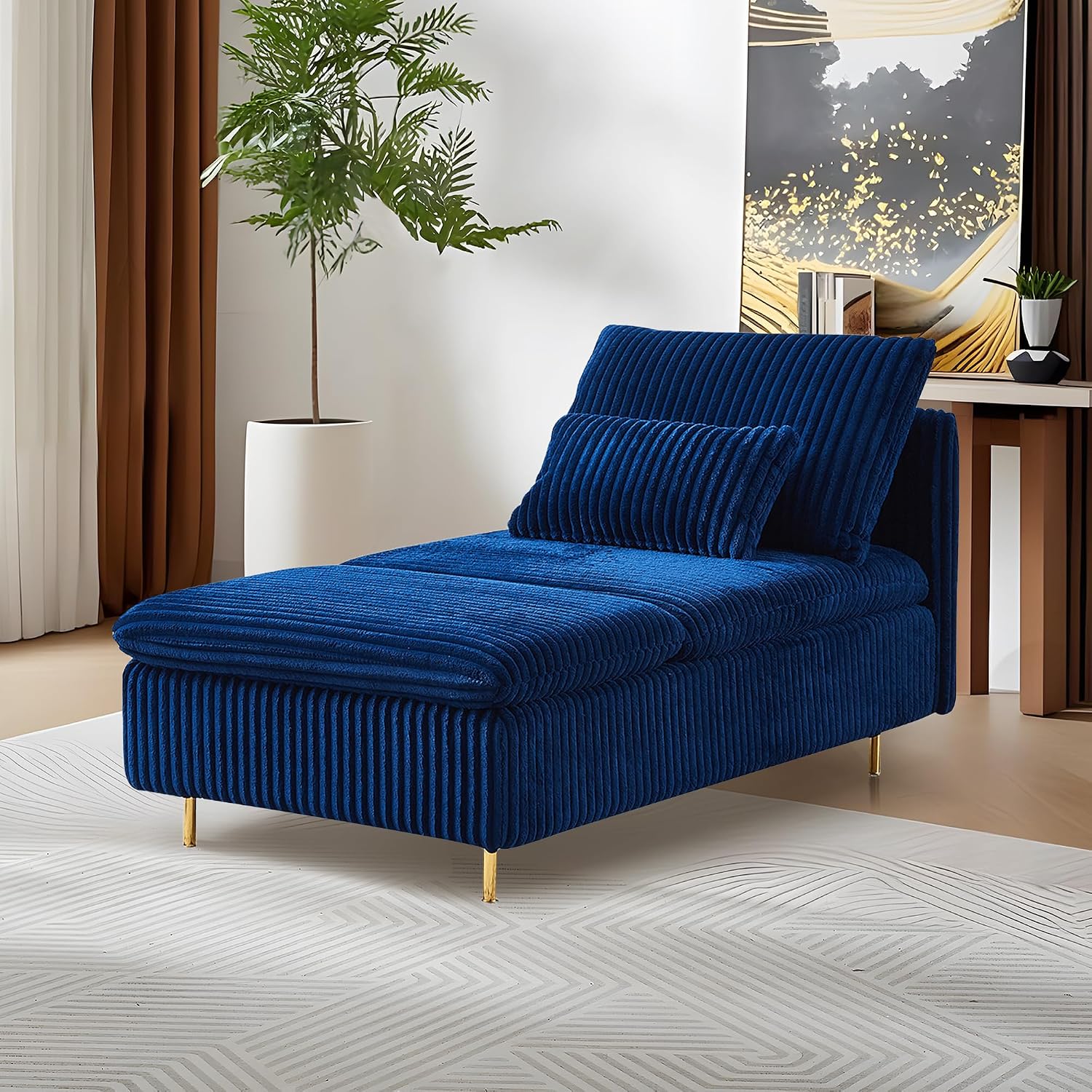 Chaise Lounge Chair Indoor 62.6" Upholstered Recliner Sofa Blue | Corduroy Modern Sofas with Support Pillow, Golden Metal Legs Sleeper Sofa for Bedroom, Living Room, Office