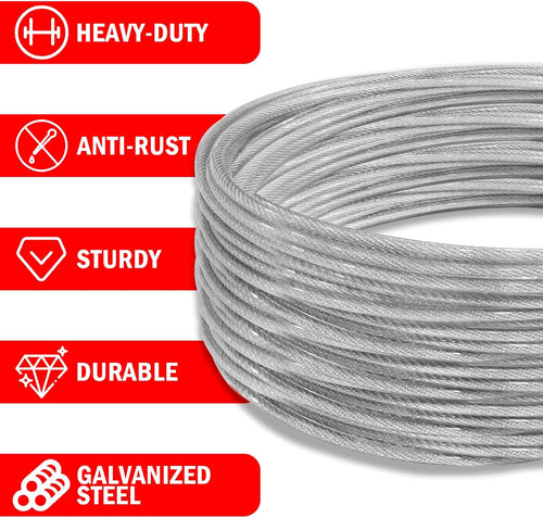 40ft Clothes Line Outdoors 3/16" Wire Ropes Silver PVC Coating Laundry Drying Clothesline with Metal Hooks and Snap Heavy Duty for Umbrella Travel Outside Camping Backyard